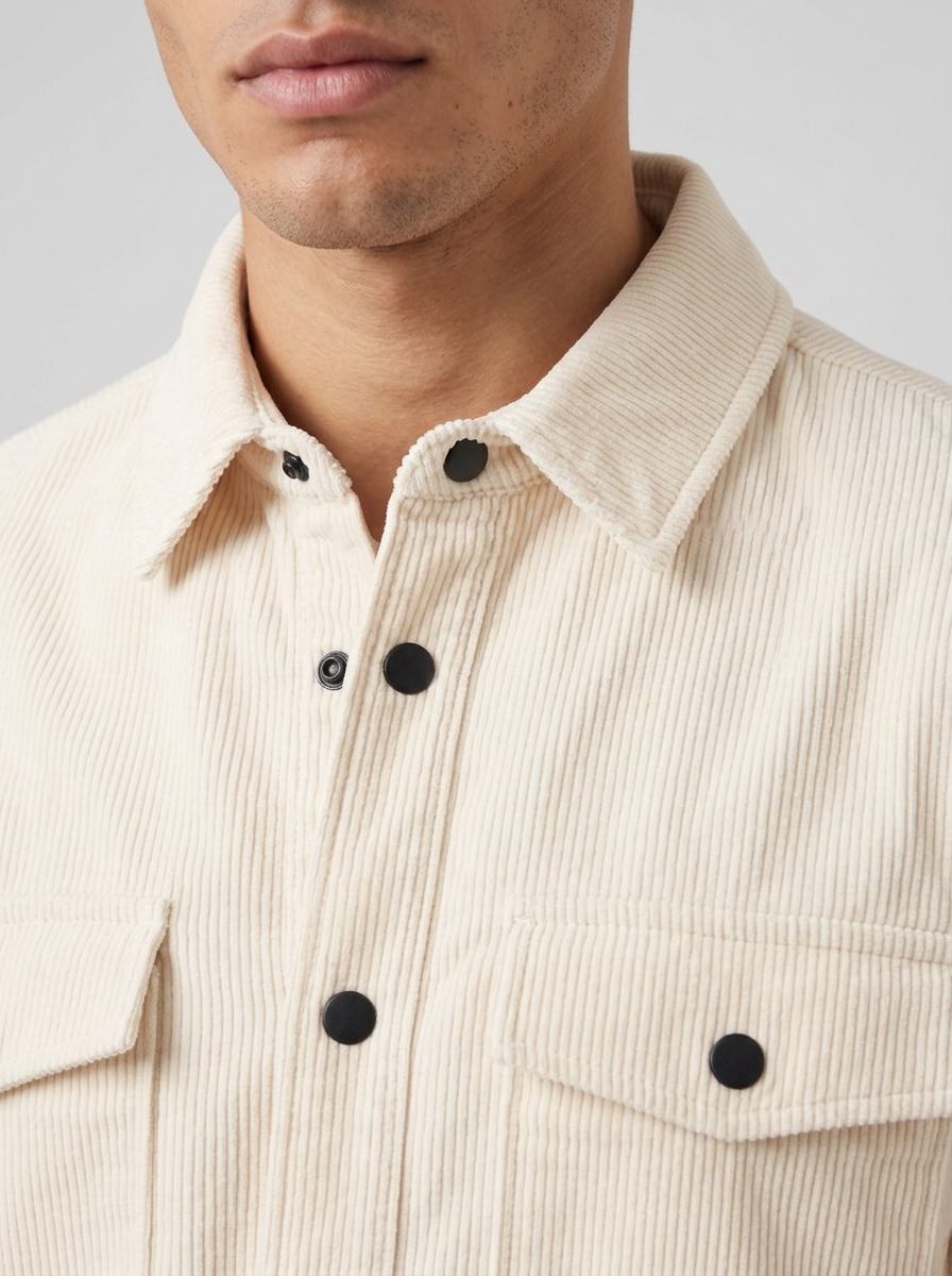 Men's Corduroy Snap Button Overshirt in Apricot – detail view