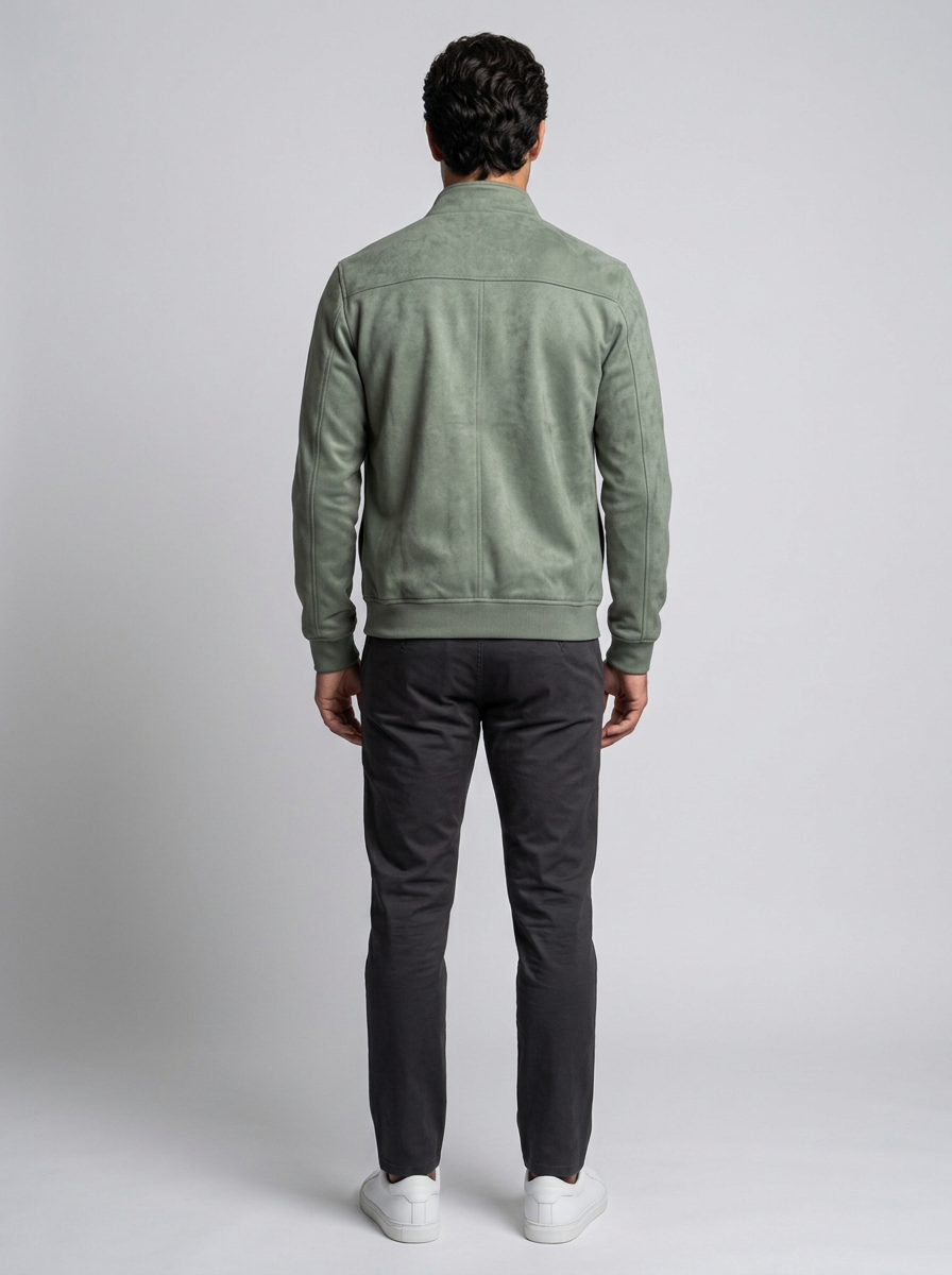 Men's Faux Suede Zip Jacket in Green – back view