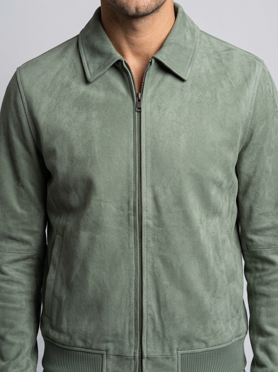 Men's Faux Suede Zip Jacket in Green – detail view