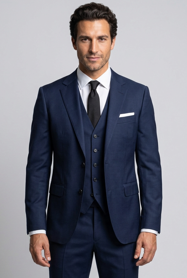 Men's Classic Three Piece Suit in Navy Blue – front view