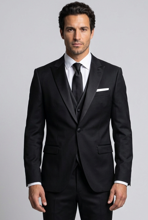 Men's Slim Fit Satin Lapel Three Piece Suit in Black