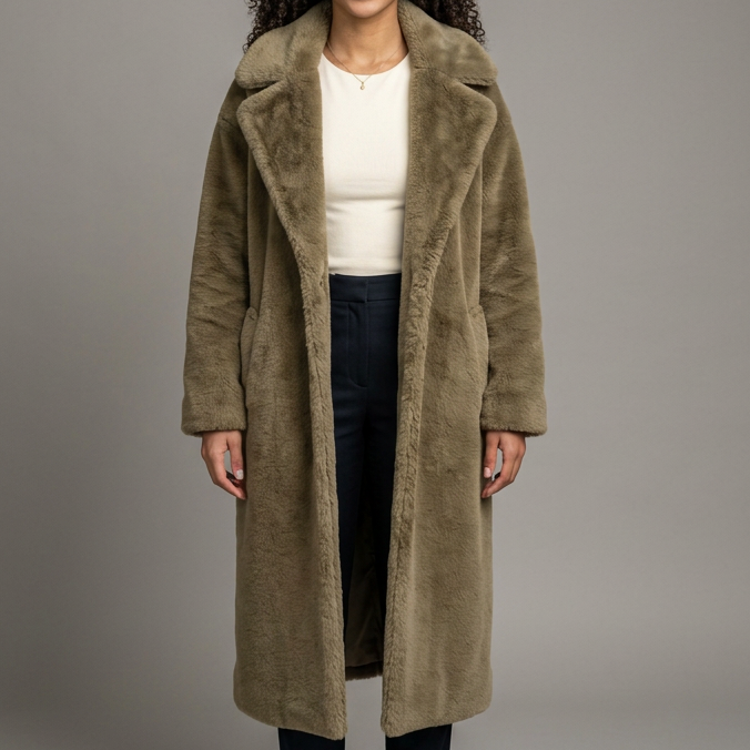 Women's Long Faux Fur Coat in Khaki – front view