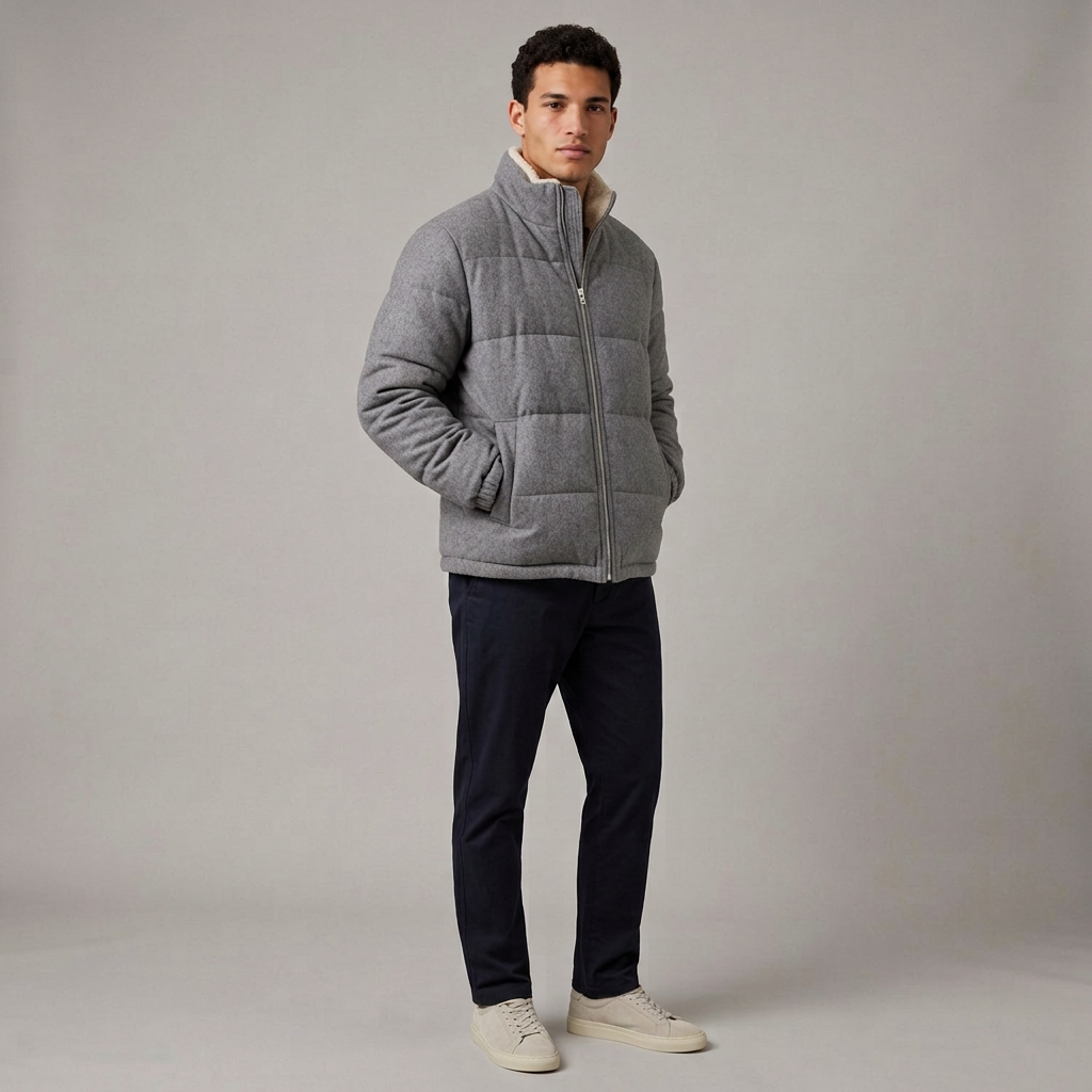 Men's Plush Fleece Puffer Jacket in Grey – three-quarter view