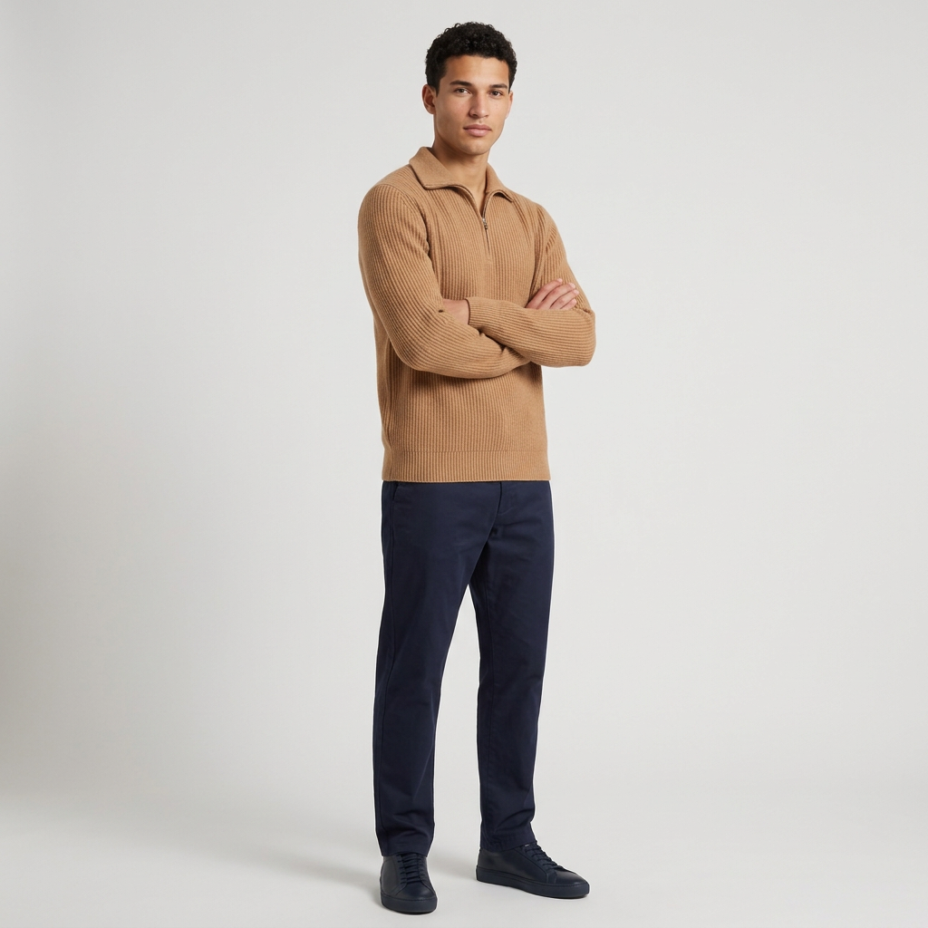 Men's Wool Blend Lapel Collar Half Zip Jumper in Camel