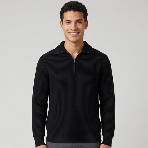 Men's Wool Blend Lapel Collar Half Zip Jumper in Black – front view