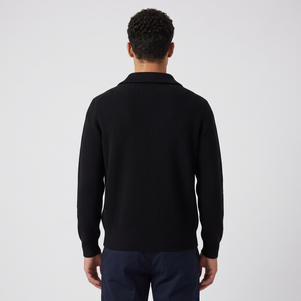 Men's Wool Blend Lapel Collar Half Zip Jumper in Black – back view