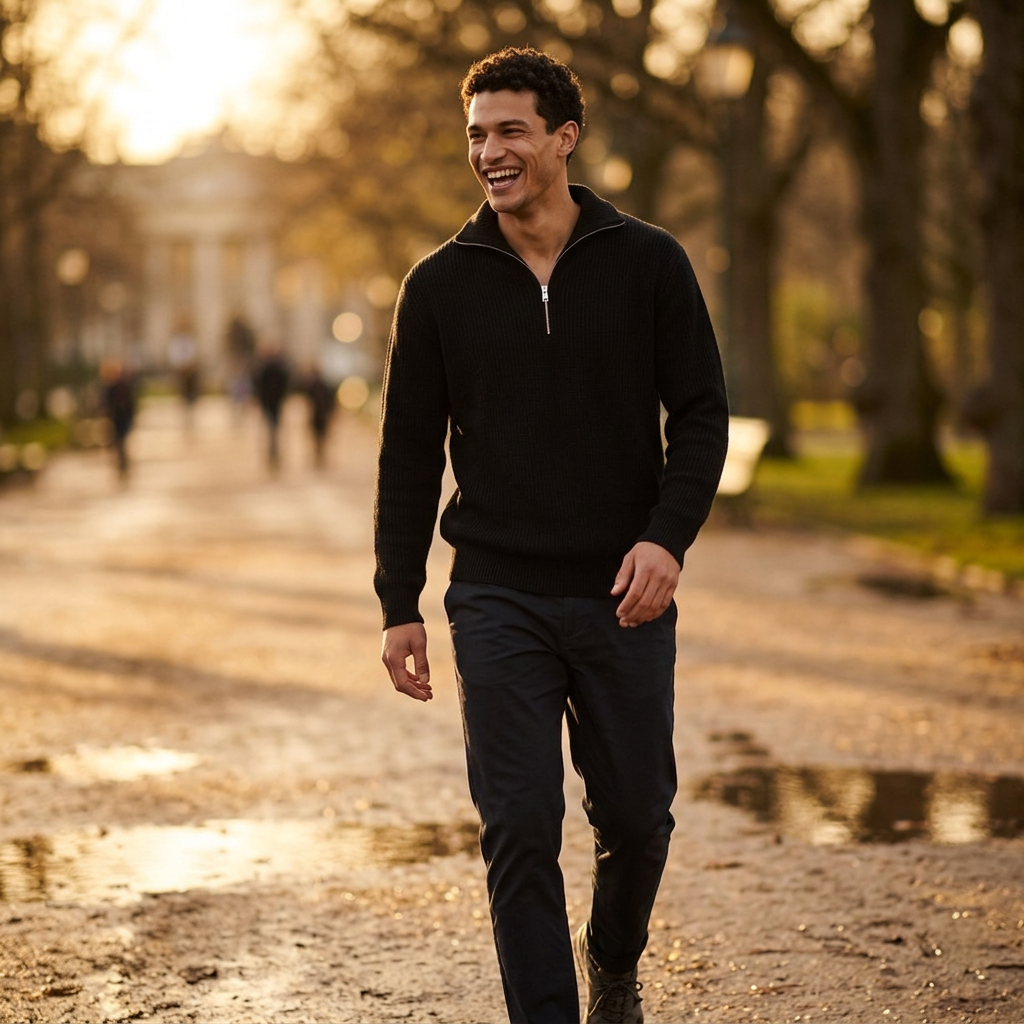 Men's Wool Blend Lapel Collar Half Zip Jumper in Black – lifestyle shot