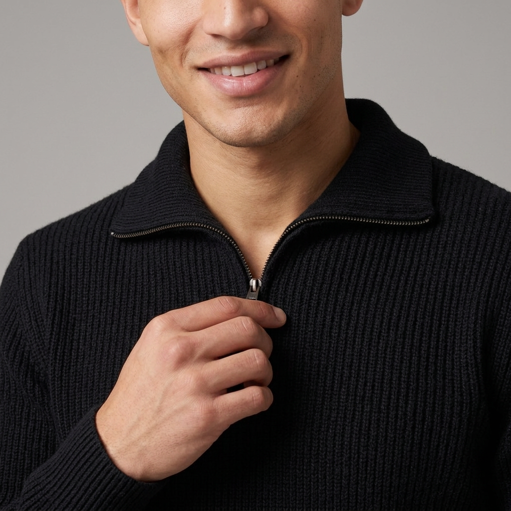 Men's Wool Blend Lapel Collar Half Zip Jumper in Black – detail view