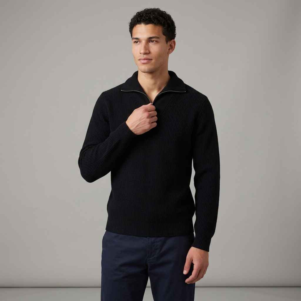 Men's Wool Blend Lapel Collar Half Zip Jumper in Black – three-quarter view