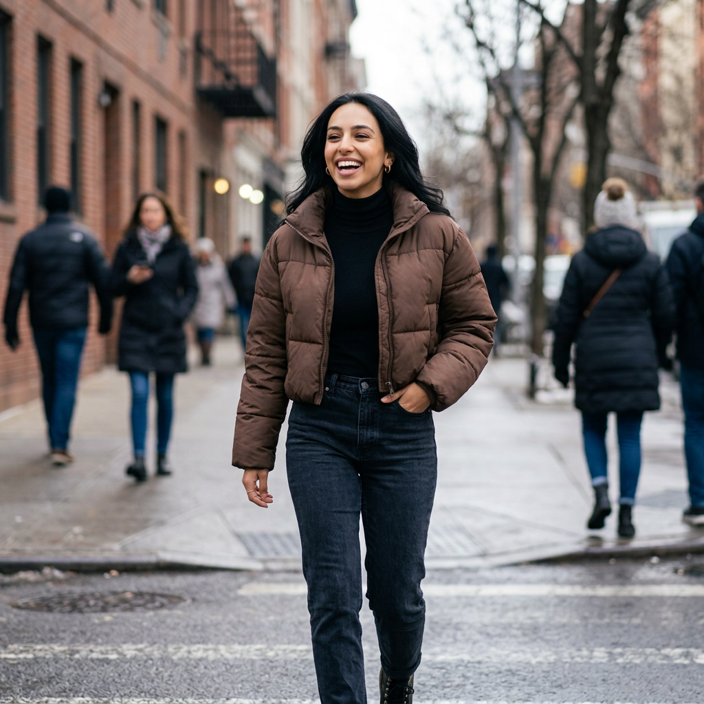 Women's Short Padded Puffer Jacket in Coffee – lifestyle shot