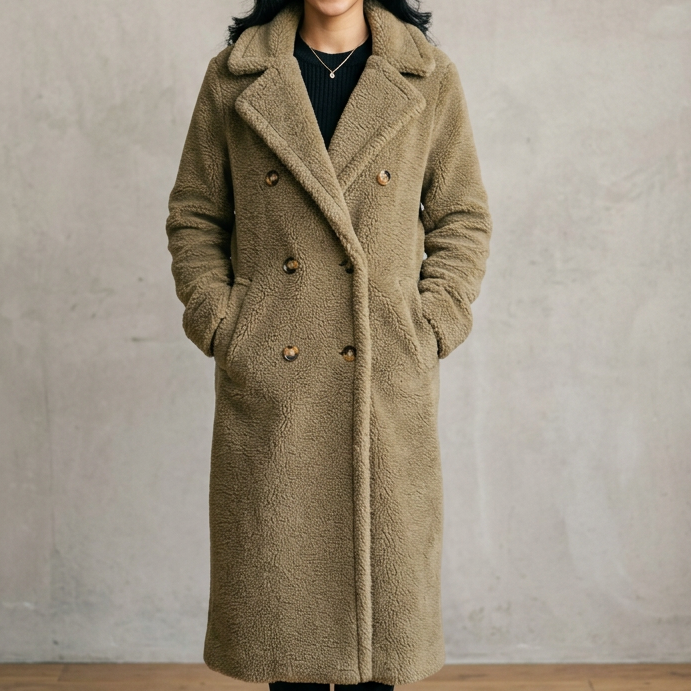 Women's Long Double-Breasted Teddy Coat in Khaki – front view