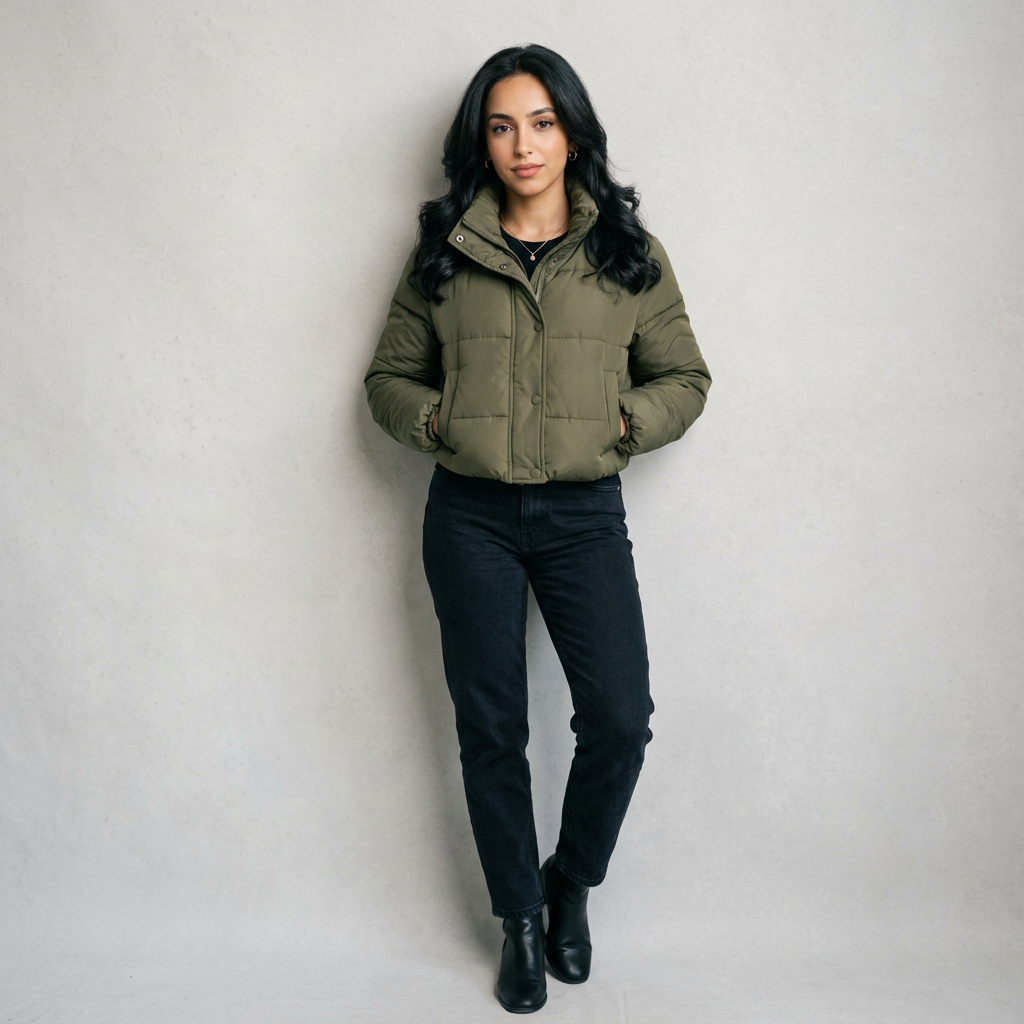 Women's Short Padded Puffer Jacket in Olive Green