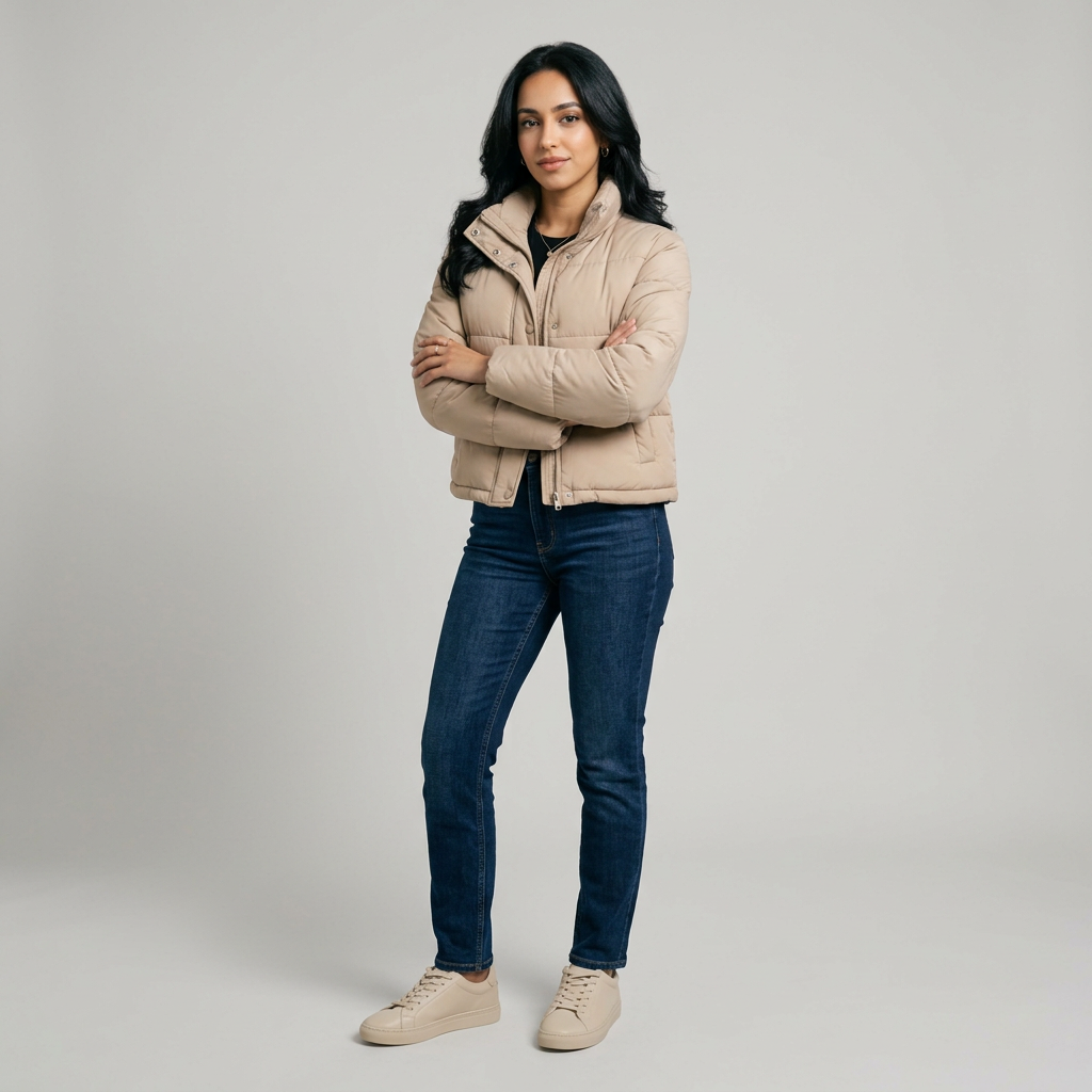 Women's Short Padded Puffer Jacket in Beige