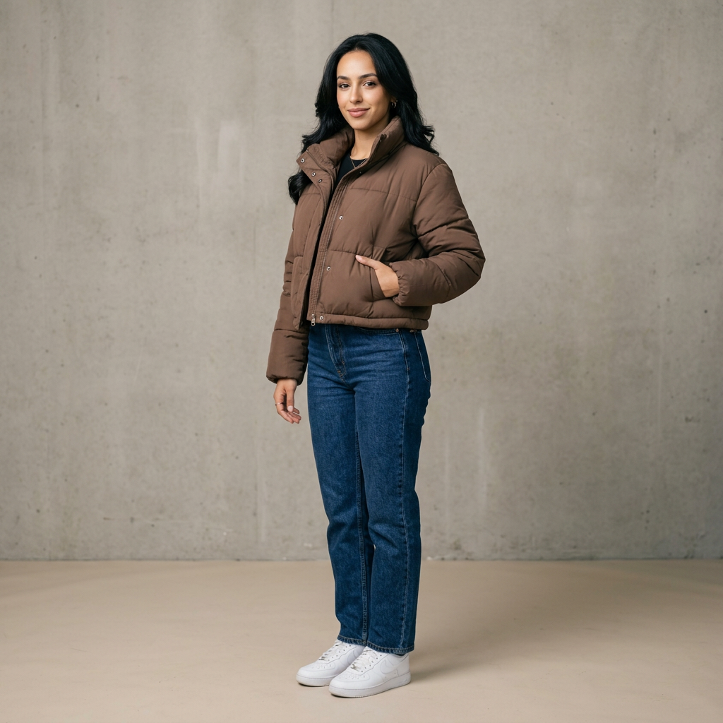Women's Short Padded Puffer Jacket in Coffee – three-quarter view