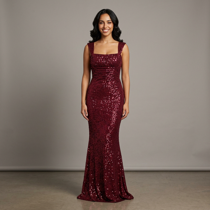 Women's Square Neck Sequin Evening Gown in Wine Red – front view