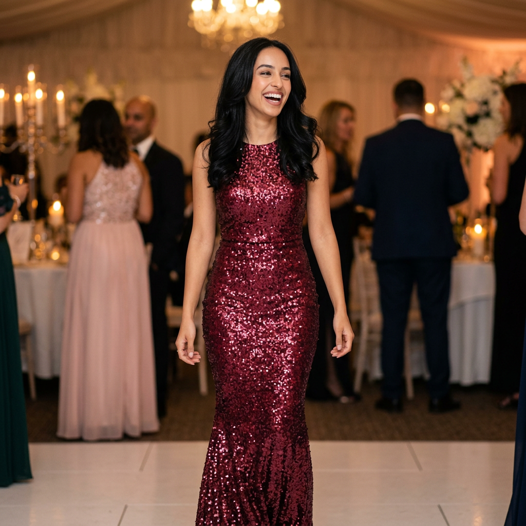 Women's Square Neck Sequin Evening Gown in Wine Red – lifestyle shot