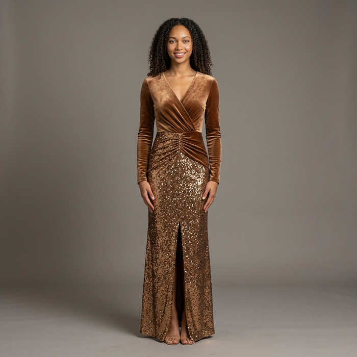 Women's Velvet Wrap Sequin Maxi Dress in Dark Brown – front view