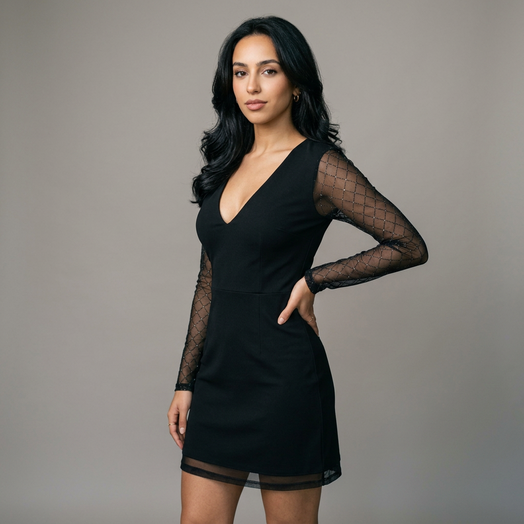 Women's Deep V-Neck Party Mini Dress with Long Sheer Mesh Sleeves
