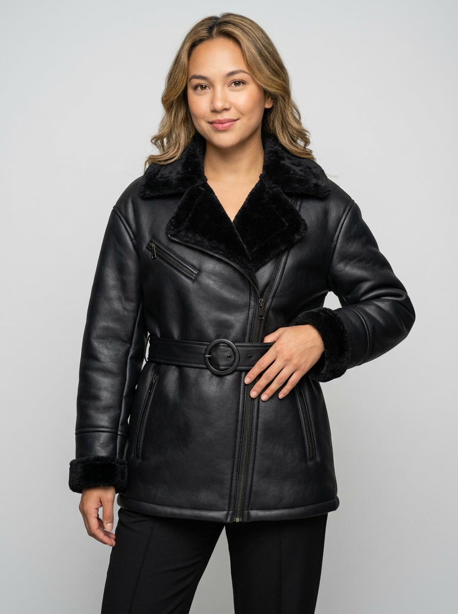 Women's Aviator Coat with Belted Shearling Trim – Oversized Biker Jacket