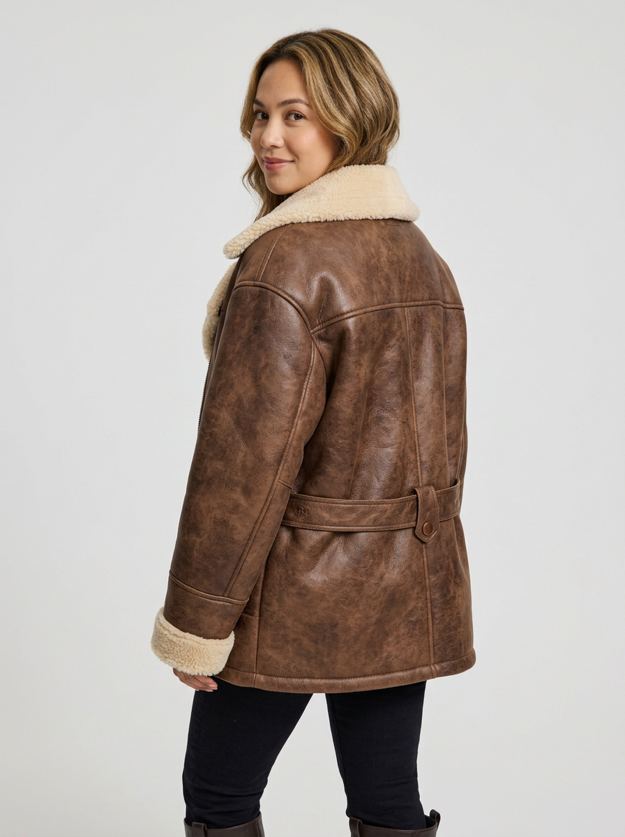 Women's Aviator Coat with Belted Shearling Trim – Oversized Biker Jacket