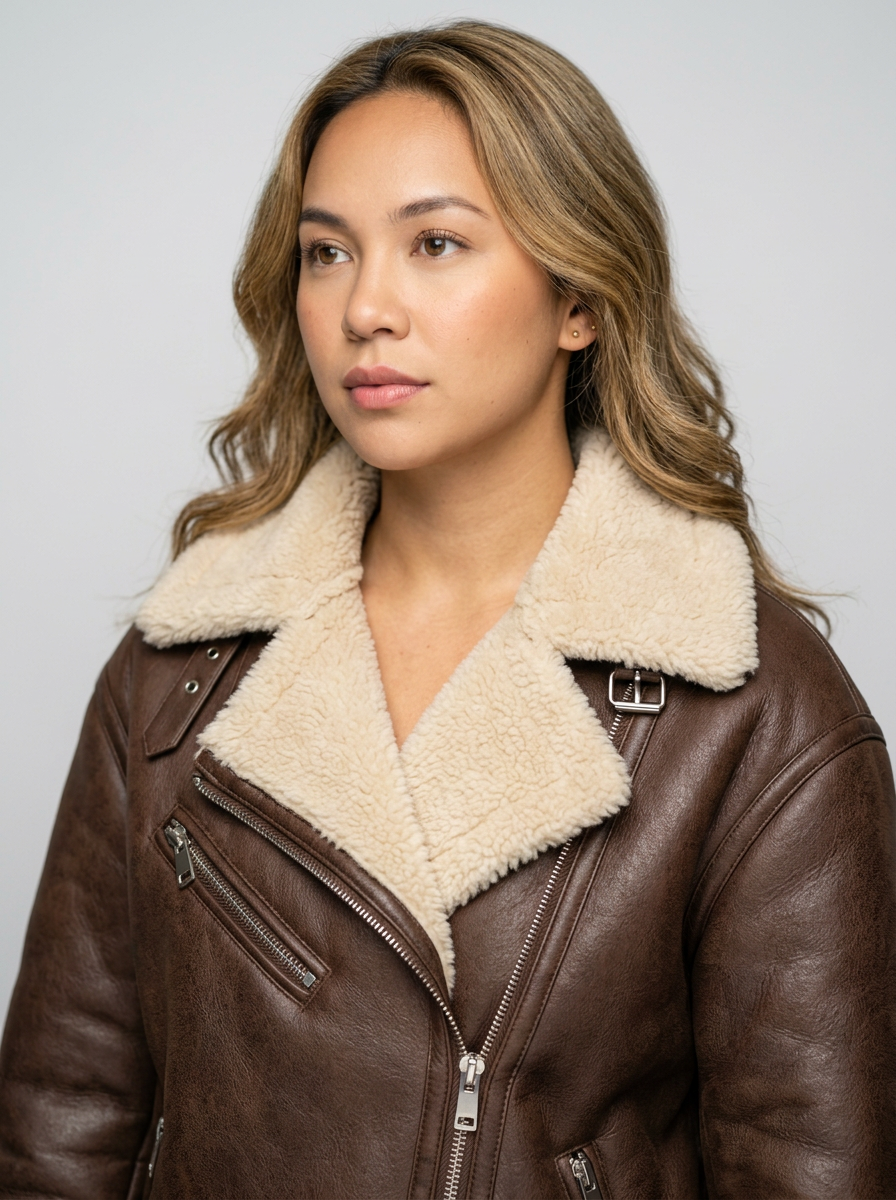 Women's Aviator Coat with Belted Shearling Trim – Oversized Biker Jacket