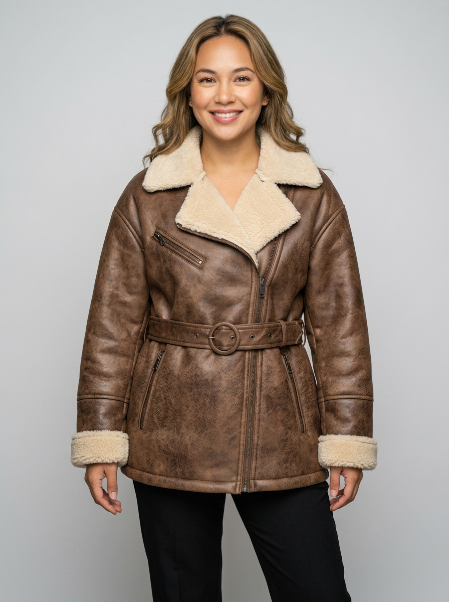 Women's Aviator Coat with Belted Shearling Trim – Oversized Biker Jacket