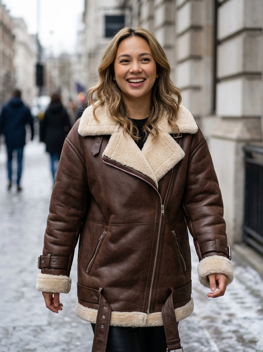 Women's Aviator Coat with Belted Shearling Trim – Oversized Biker Jacket