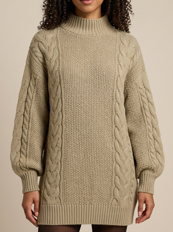 Women's Oversized Chunky Cable Knit Jumper in Khaki – front view