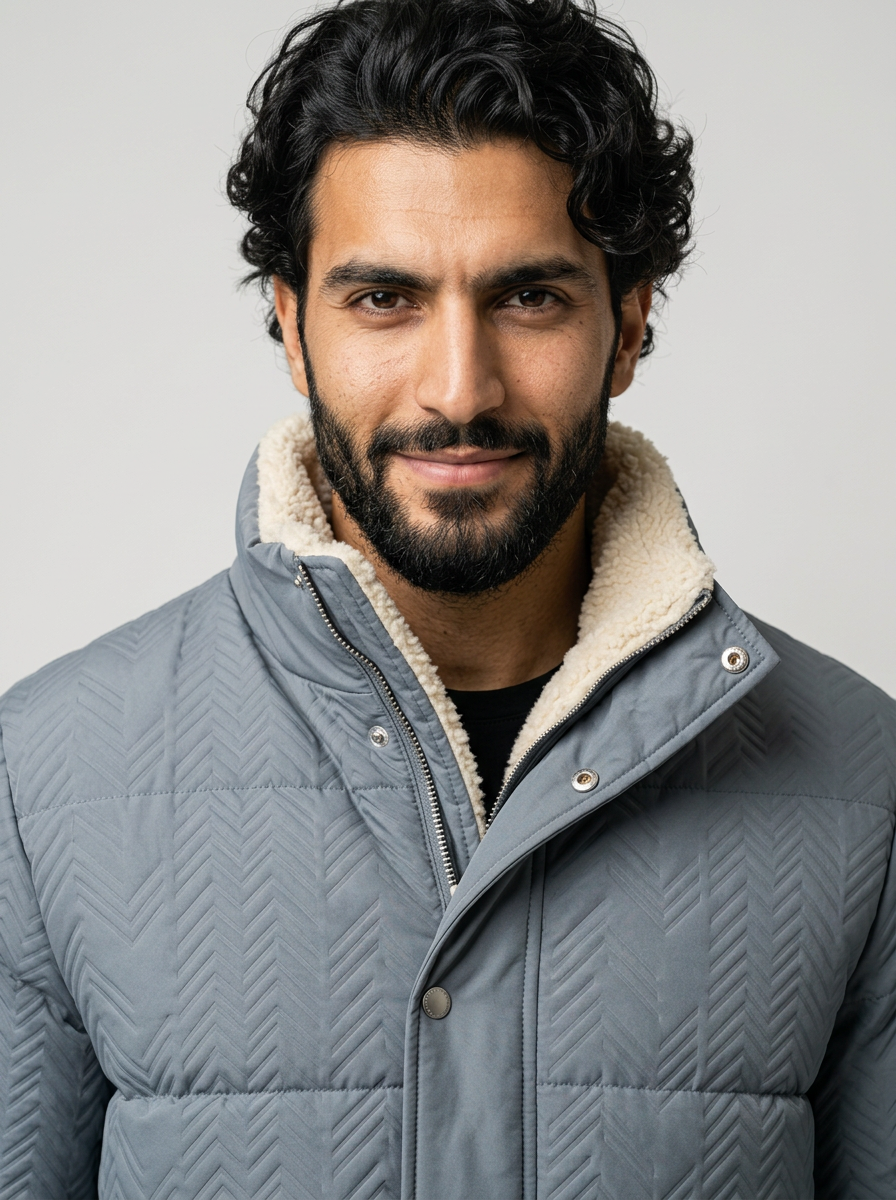 Men's Fleece-Lined Puffer Jacket - Textured Winter Coat with Standing Collar