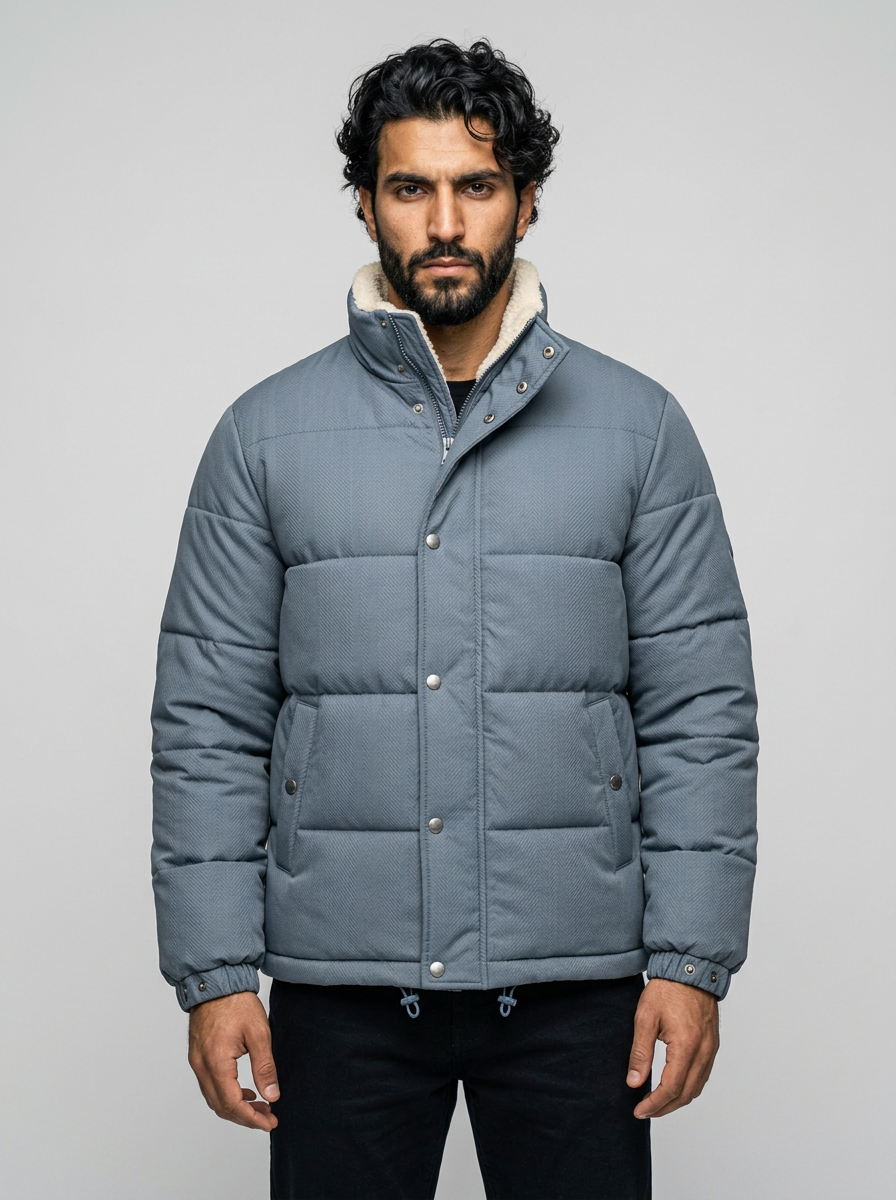 Men's Fleece-Lined Puffer Jacket - Textured Winter Coat with Standing Collar
