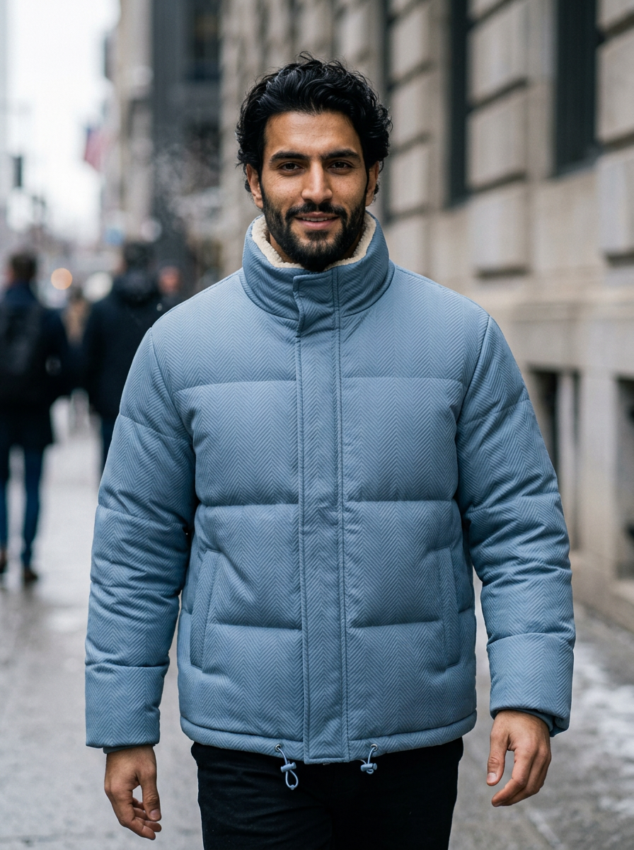Men's Fleece-Lined Puffer Jacket - Textured Winter Coat with Standing Collar