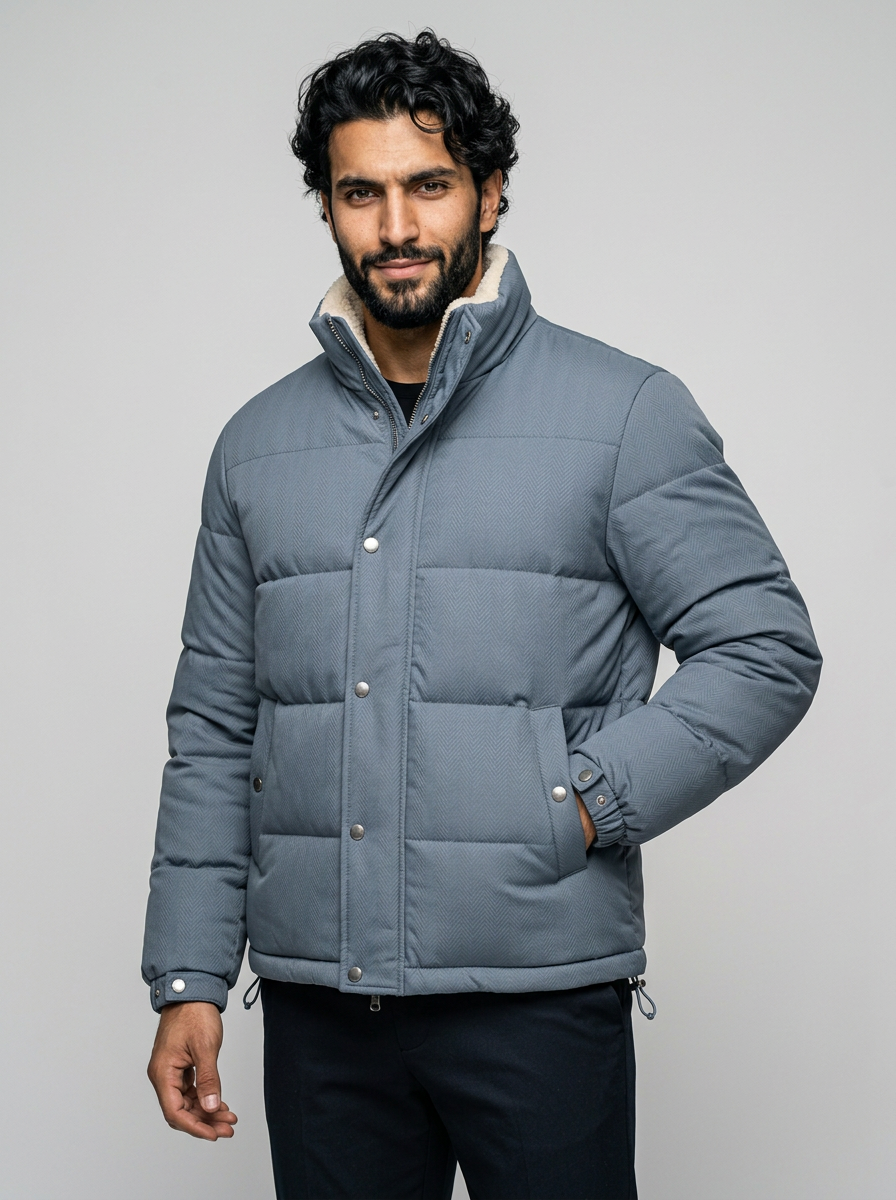 Men's Fleece-Lined Puffer Jacket - Textured Winter Coat with Standing Collar