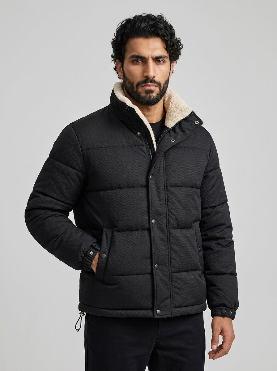 Men's Fleece-Lined Puffer Jacket - Textured Winter Coat with Standing Collar