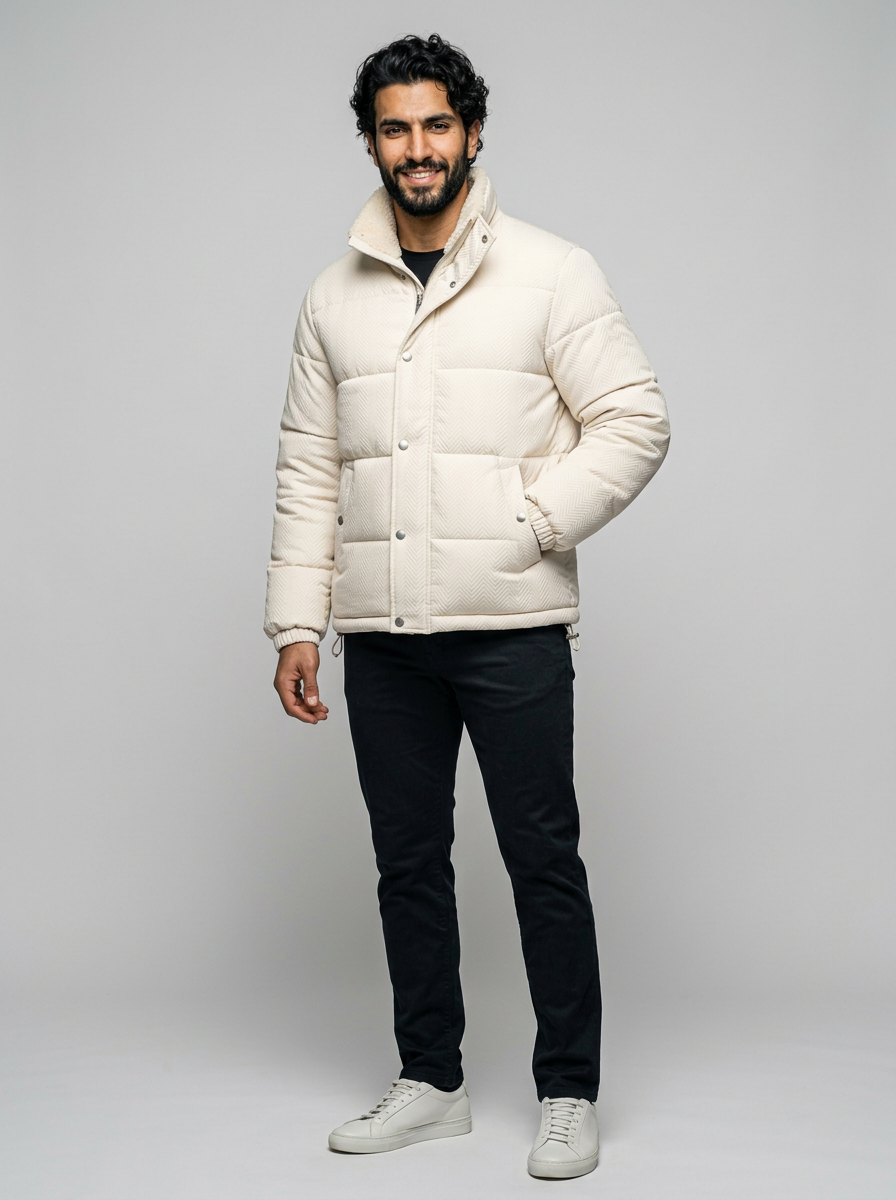 Men's Fleece-Lined Puffer Jacket - Textured Winter Coat with Standing Collar