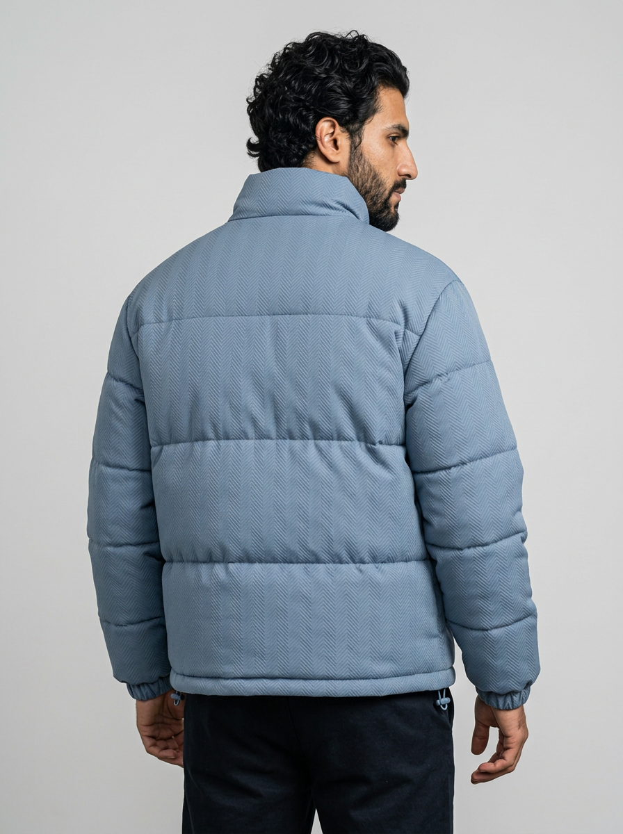Men's Fleece-Lined Puffer Jacket - Textured Winter Coat with Standing Collar
