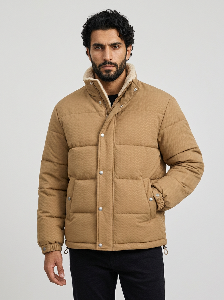 Men's Fleece-Lined Puffer Jacket - Textured Winter Coat with Standing Collar