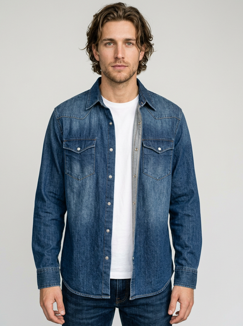 Men's Loose Fit Western Denim Shirt in Denim Blue – front view