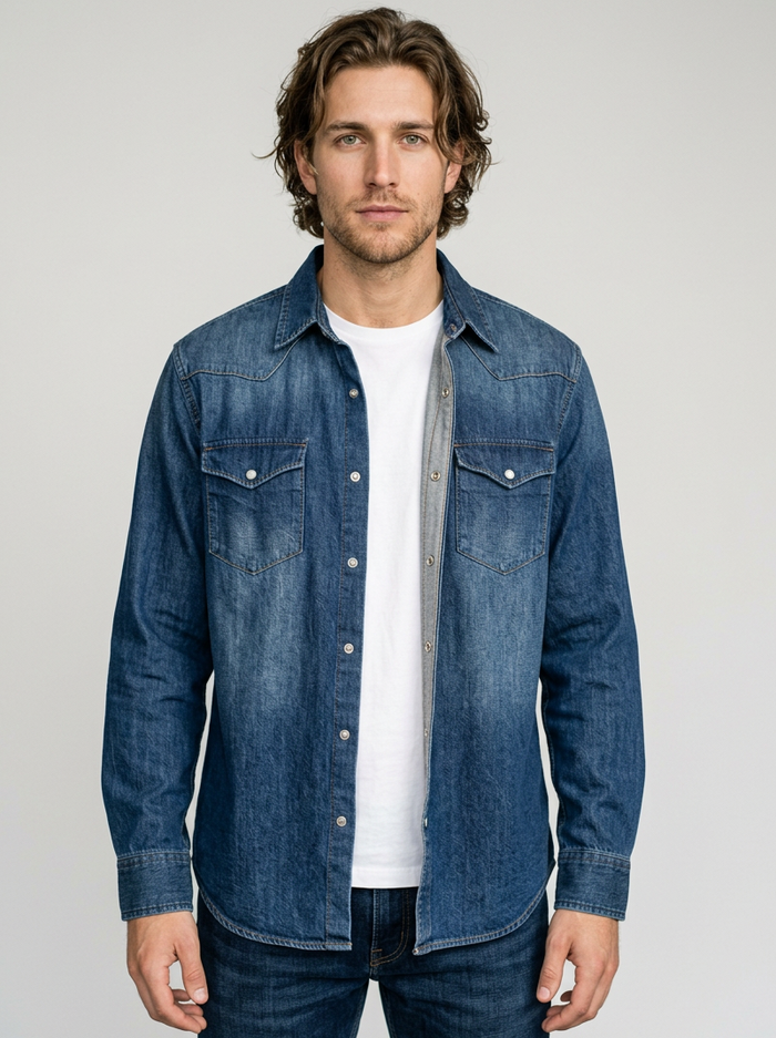 Men's Loose Fit Western Denim Shirt in Denim Blue – front view