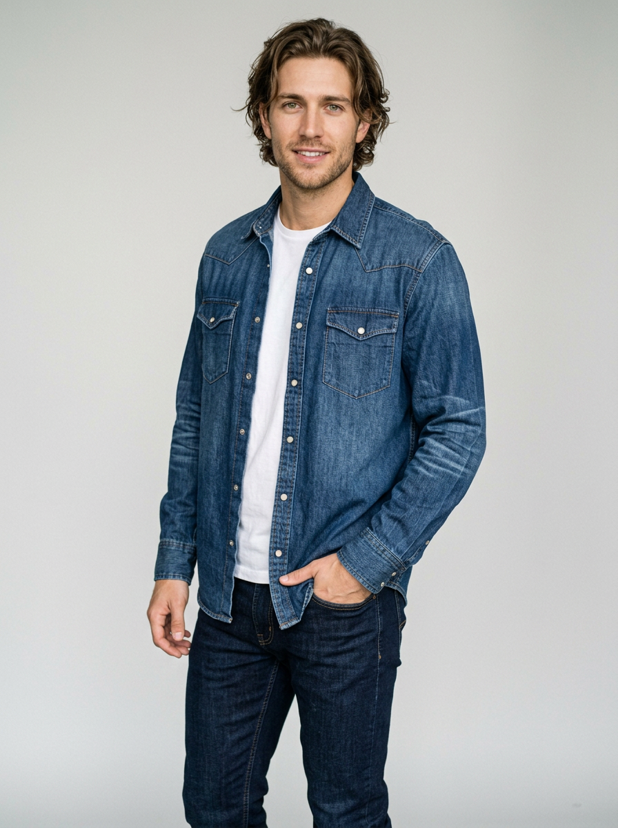 Men's Loose Fit Western Denim Shirt in Denim Blue – three-quarter view