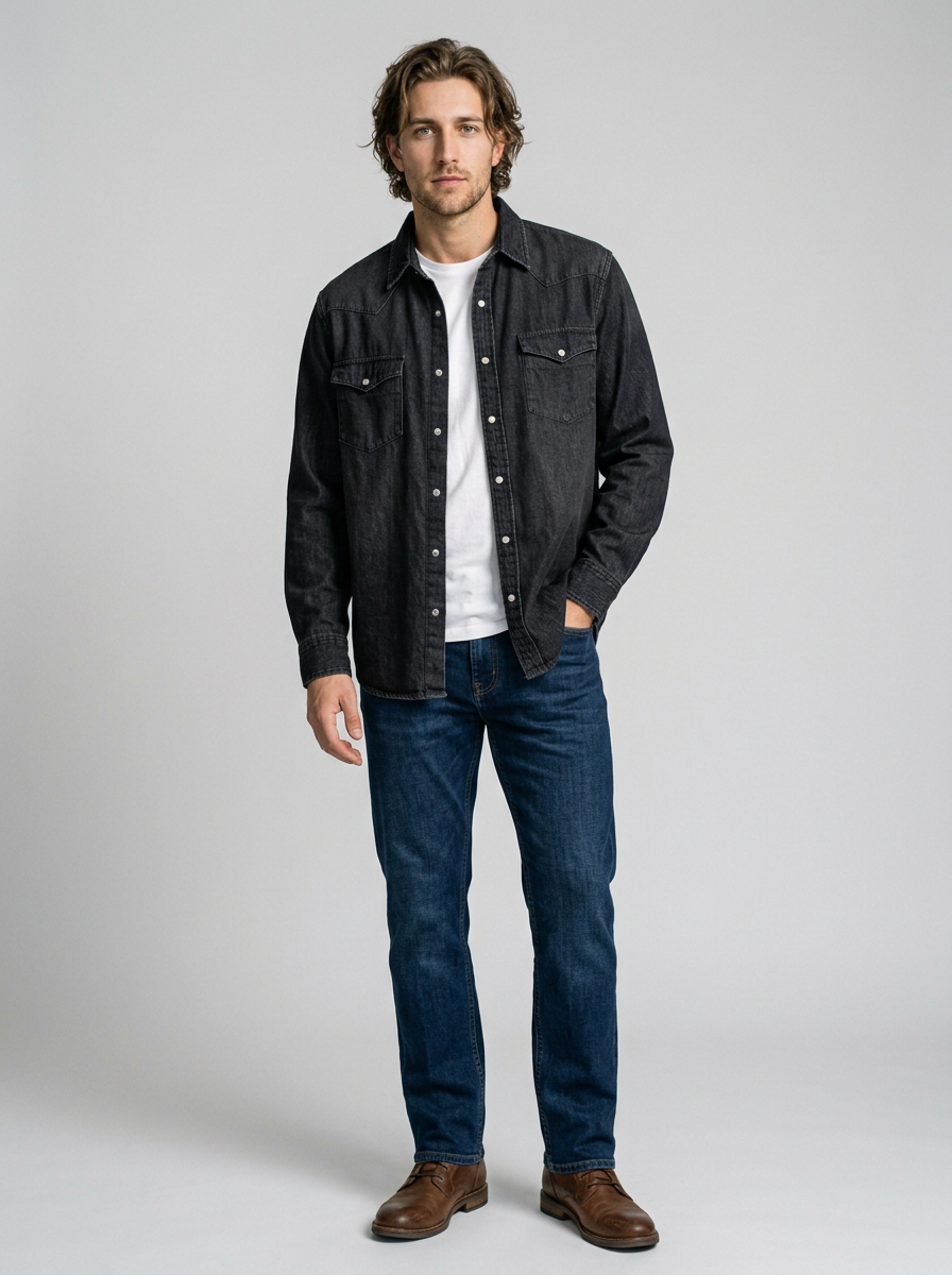 Men's Loose Fit Western Denim Shirt in Dark Blue