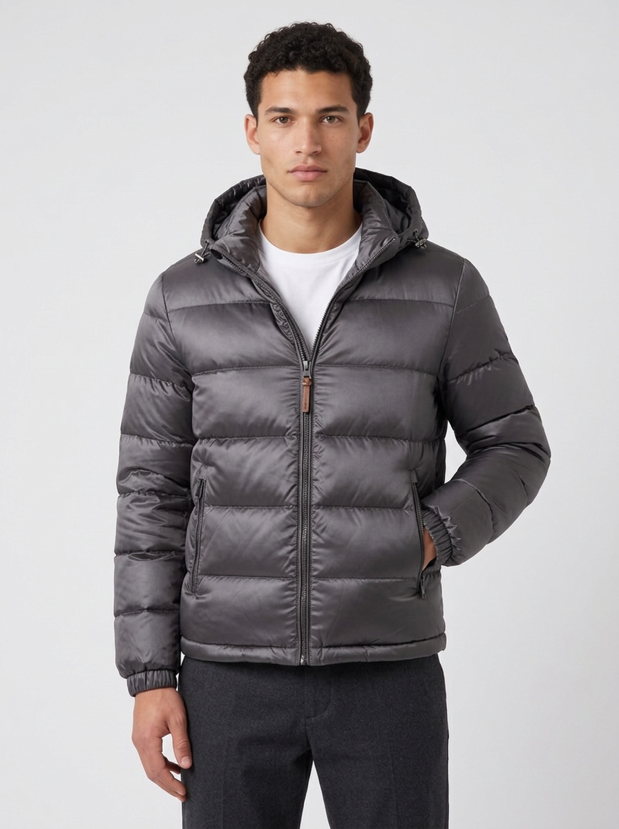 Men's Glossy Hooded Puffer Jacket in Grey