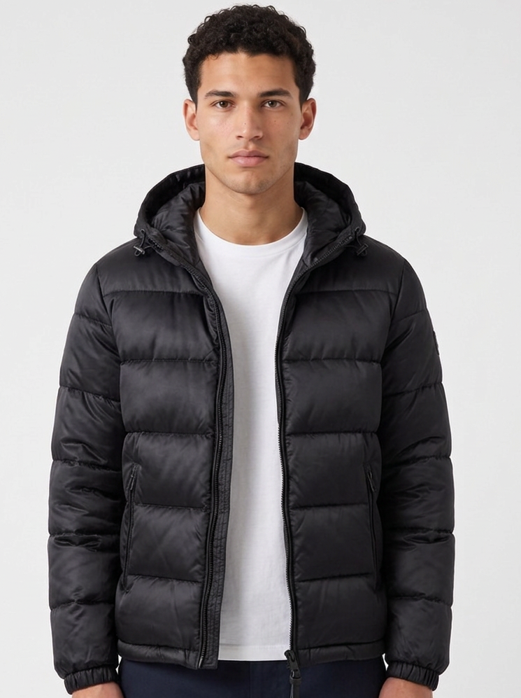 Men's Glossy Hooded Puffer Jacket in Black – front view