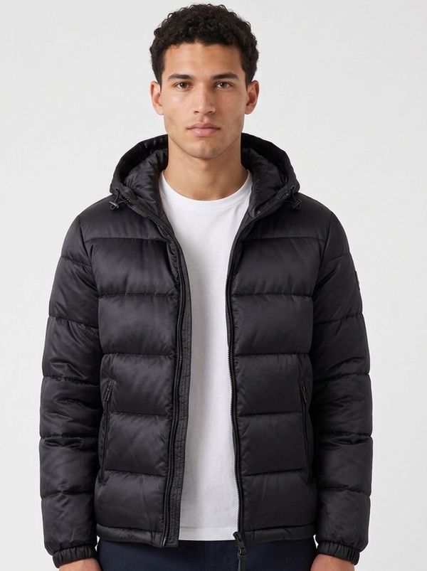 Men's Glossy Hooded Puffer Jacket in Black – front view