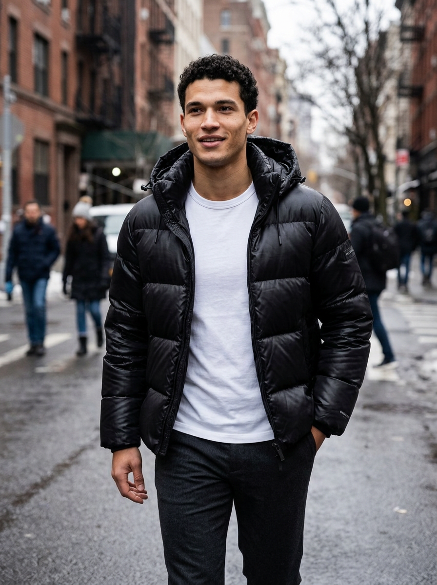 Men's Glossy Hooded Puffer Jacket in Black – lifestyle shot