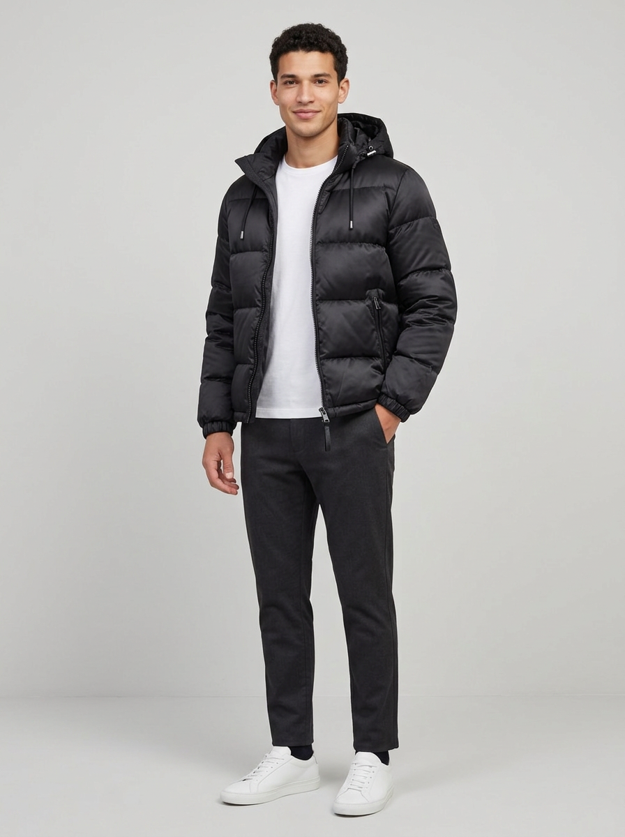 Men's Glossy Hooded Puffer Jacket in Black – three-quarter view