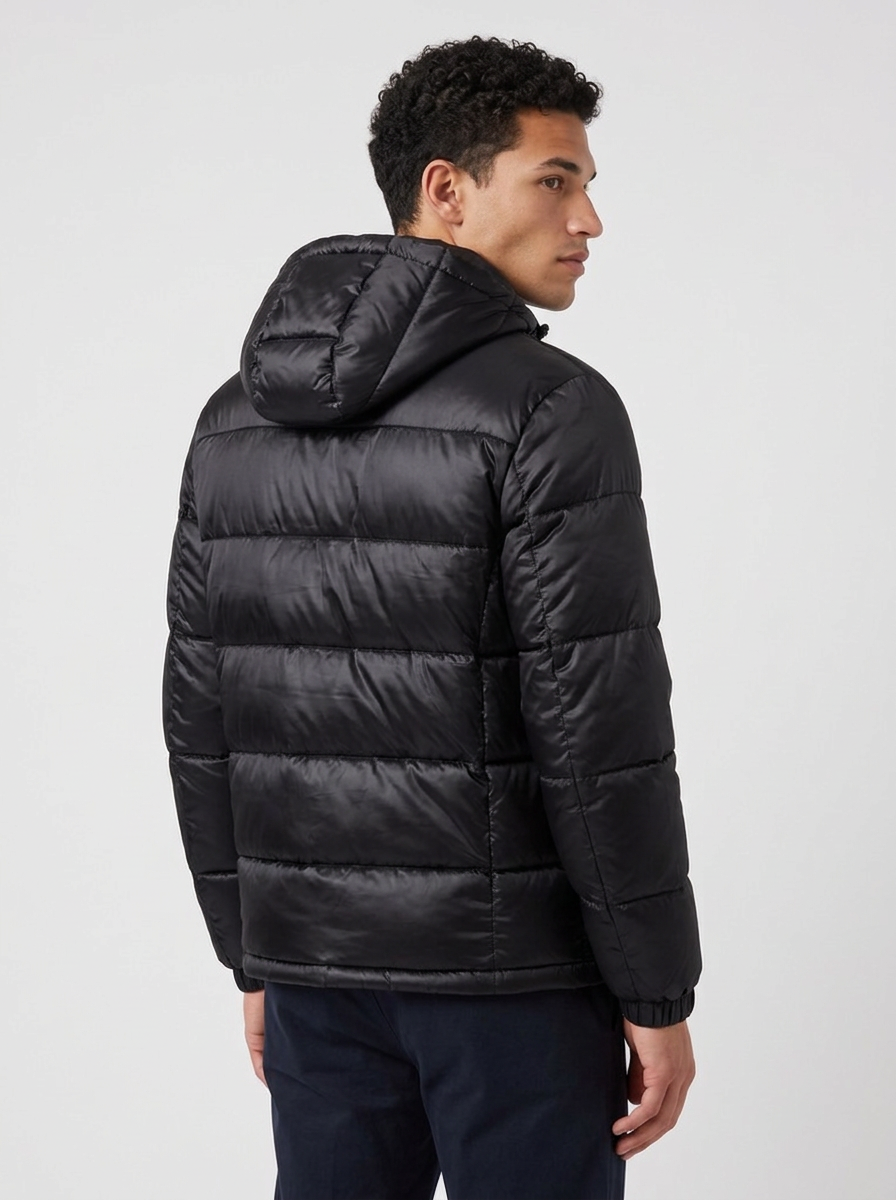 Men's Glossy Hooded Puffer Jacket in Black – back view