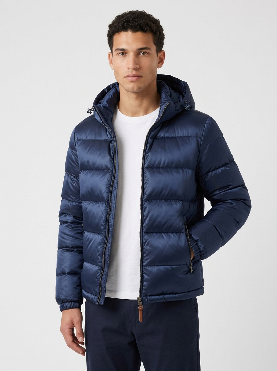 Men's Glossy Hooded Puffer Jacket in Navy