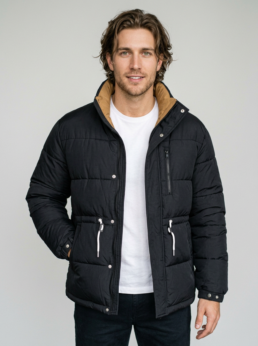 Men's Oversized Windproof Puffer Jacket in Black – three-quarter view