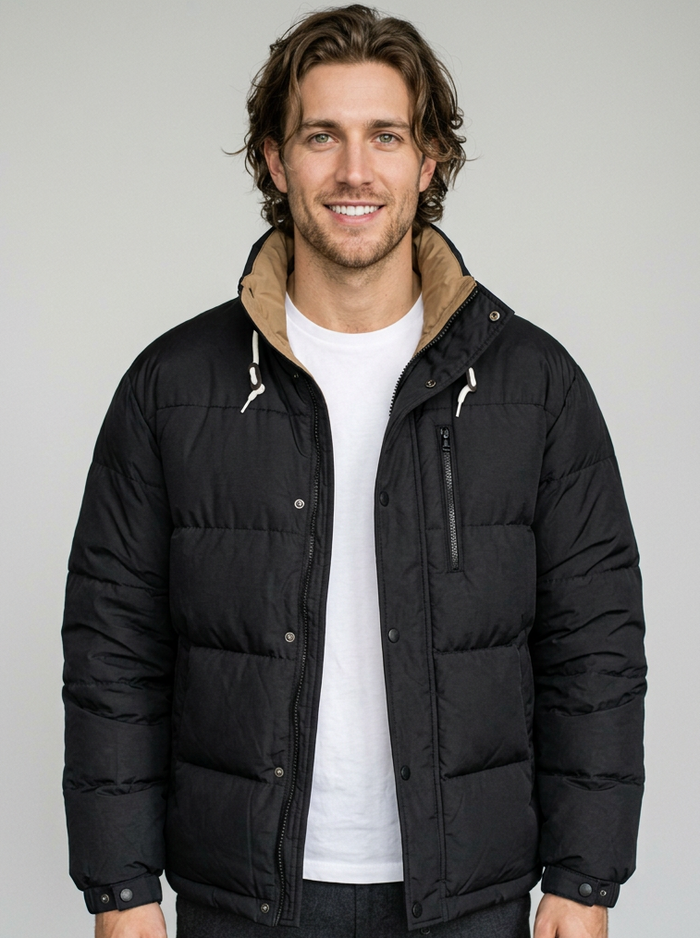 Men's Oversized Windproof Puffer Jacket in Black – front view
