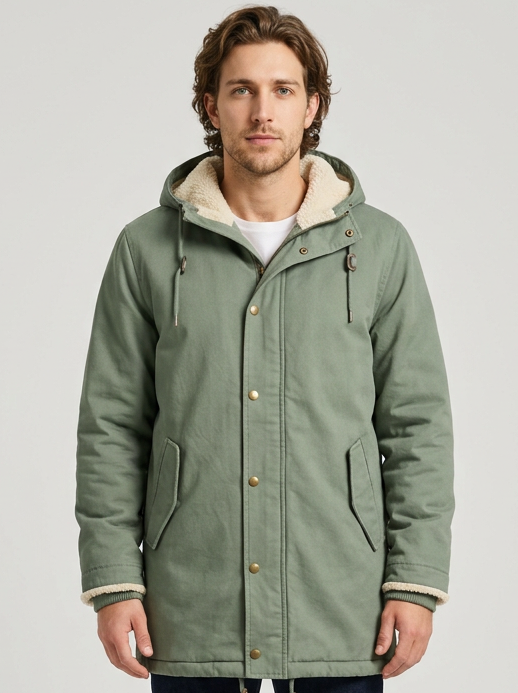 Men's Sherpa Lined Hooded Winter Coat in Sage Green – front view